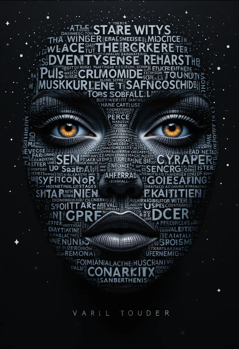Typographic woman portrait with cosmic black starry background