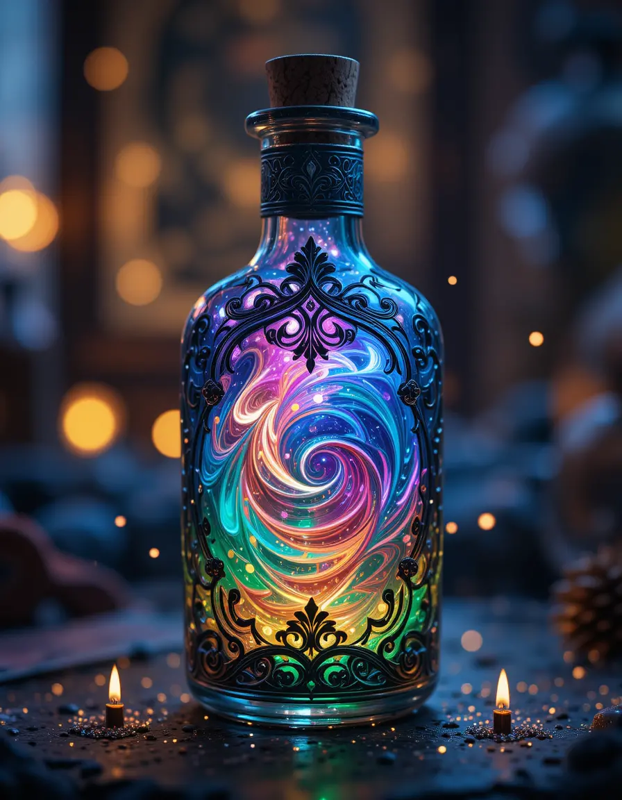 Enchanted glass potion bottle with swirling magical liquid