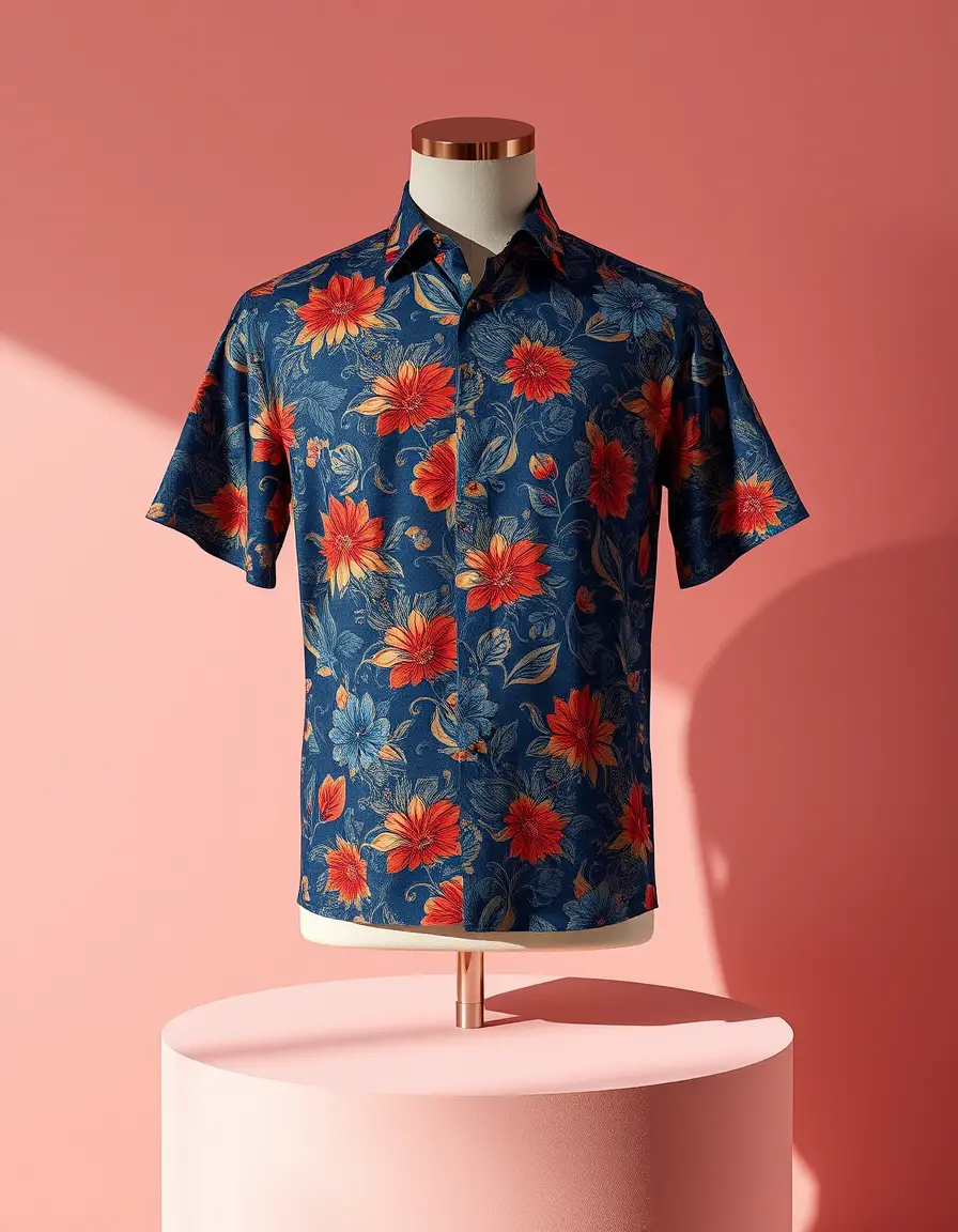 Vue macro d’une chemise batik brodée sur mannequin