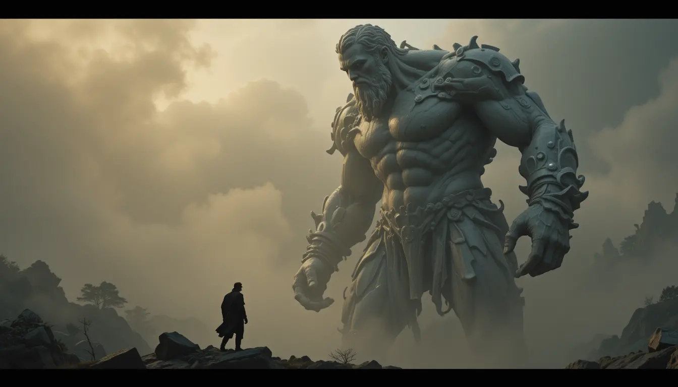 Enorme Golia che svetta su un paesaggio fantasy avvolto nella nebbia