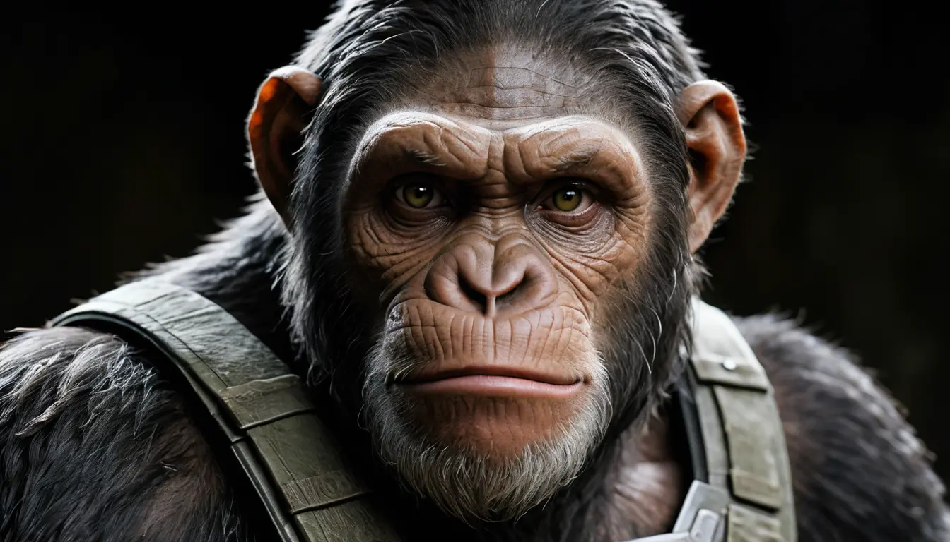 Photorealistic portrait of a determined chimpanzee leader