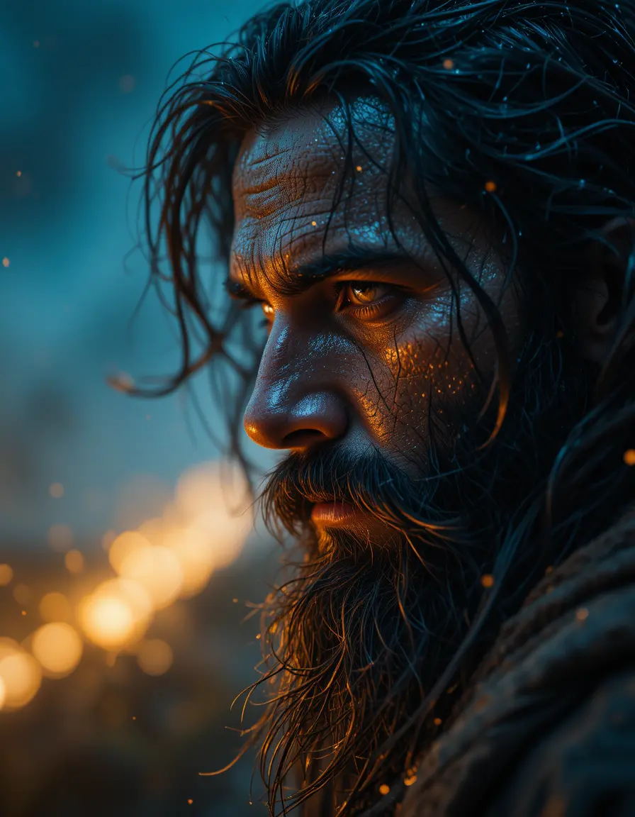Cinematic close up of a bearded commander in the rain