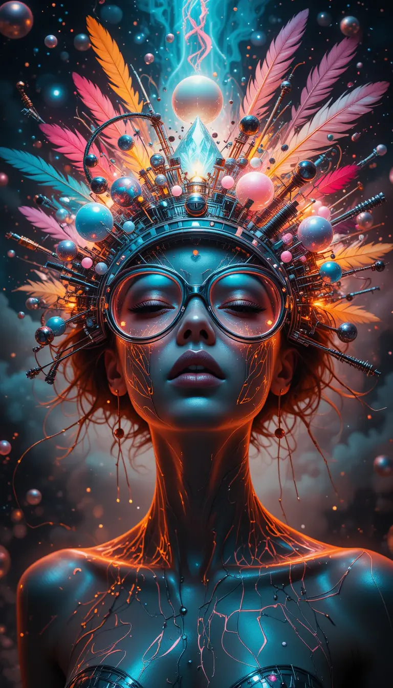 Surreal portrait of woman with futuristic glasses and artful hat