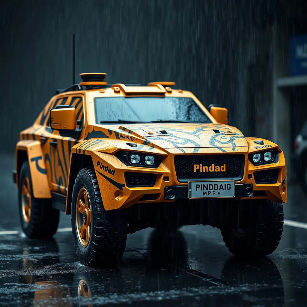Macro view of military mpv in heavy artificial rain