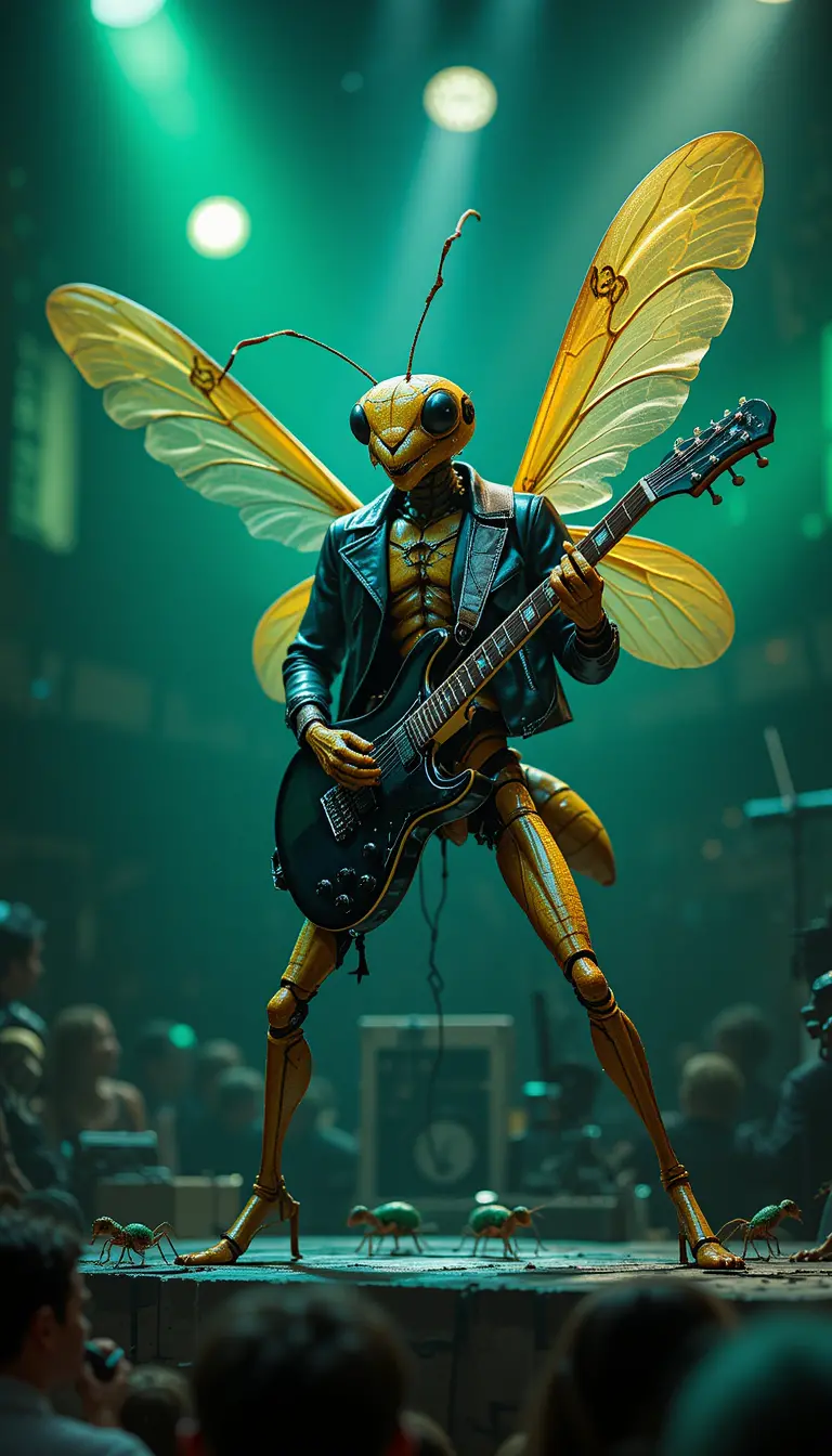 Rockstar ant playing guitar on neon concert stage