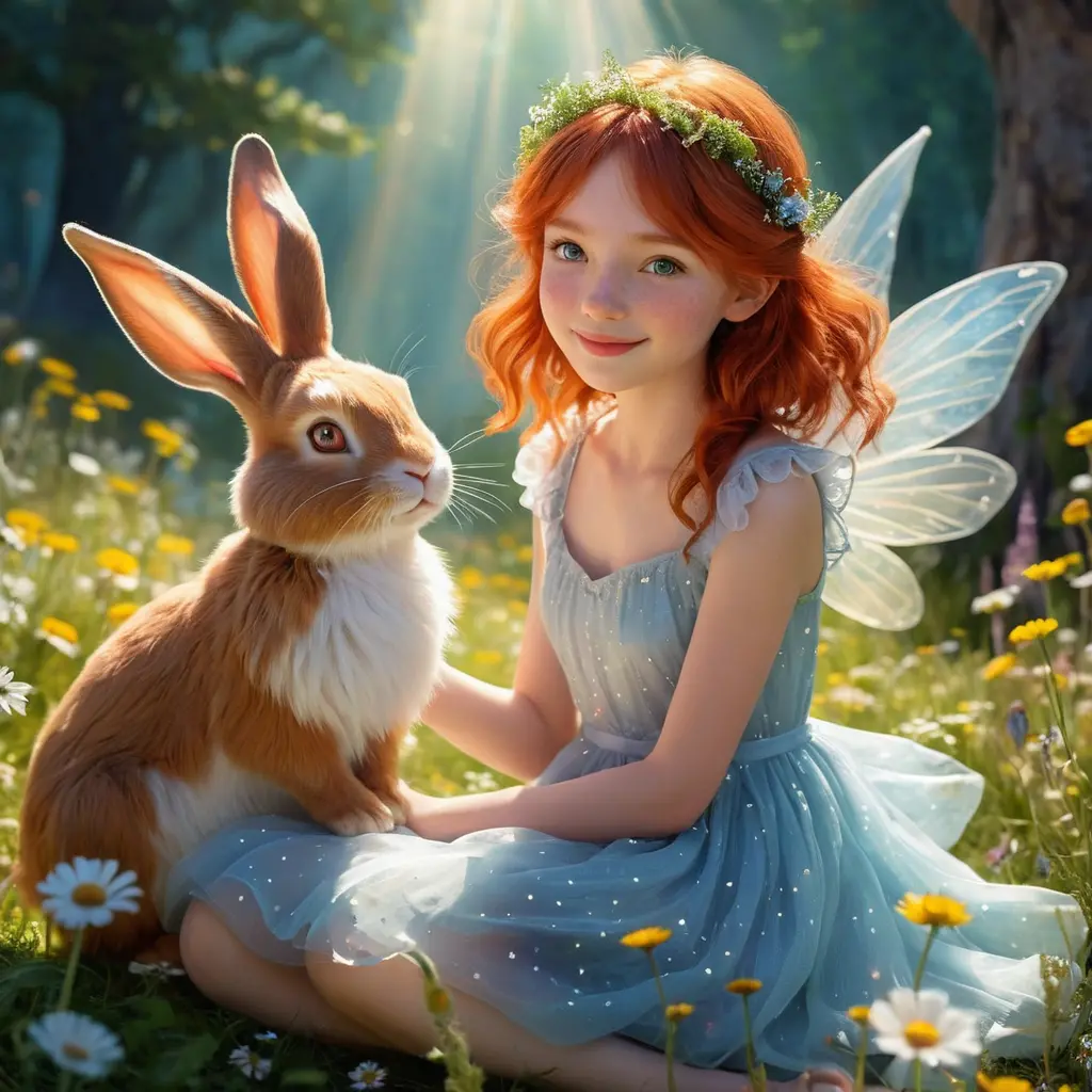 Red haired girl riding a magical bunny creature
