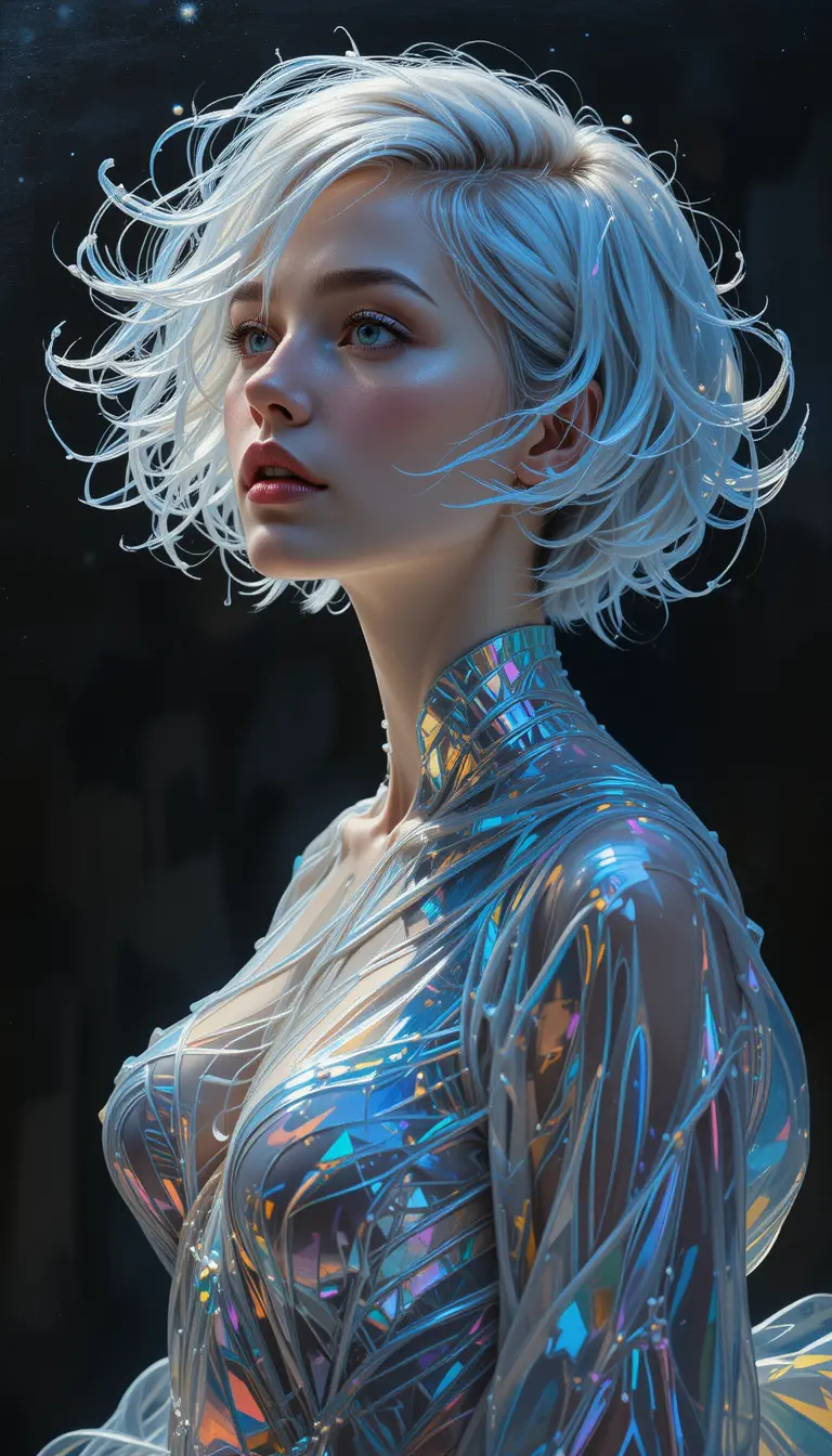 Surreal portrait of a woman in a holographic gown