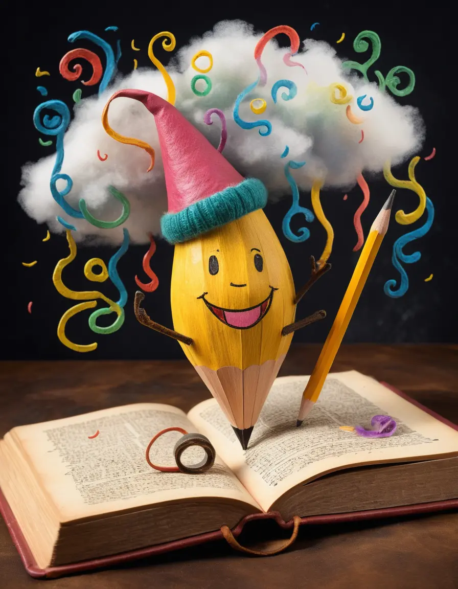 Smiling Cartoon Pencil Writing In Vintage Book
