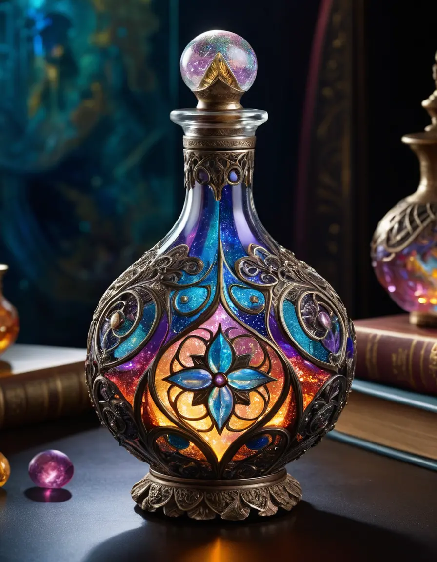 Ornate glass bottle with glowing swirling magical potion