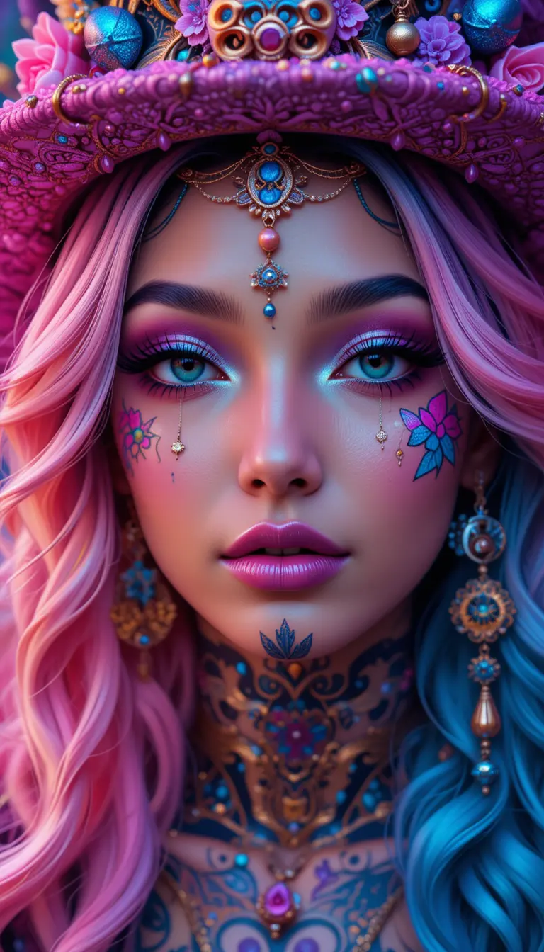 Gothic South Asian woman with psychedelic multicolored hair
