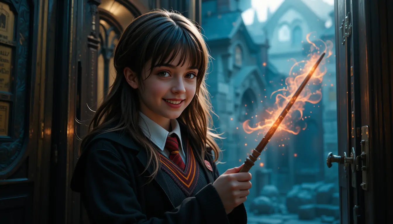 Young witch in school uniform holding a magic wand
