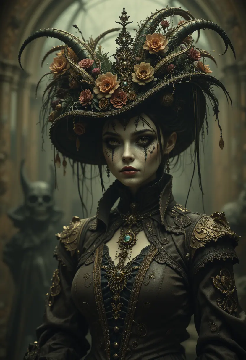 Macabre Victorian goblin masquerade in dark elegance