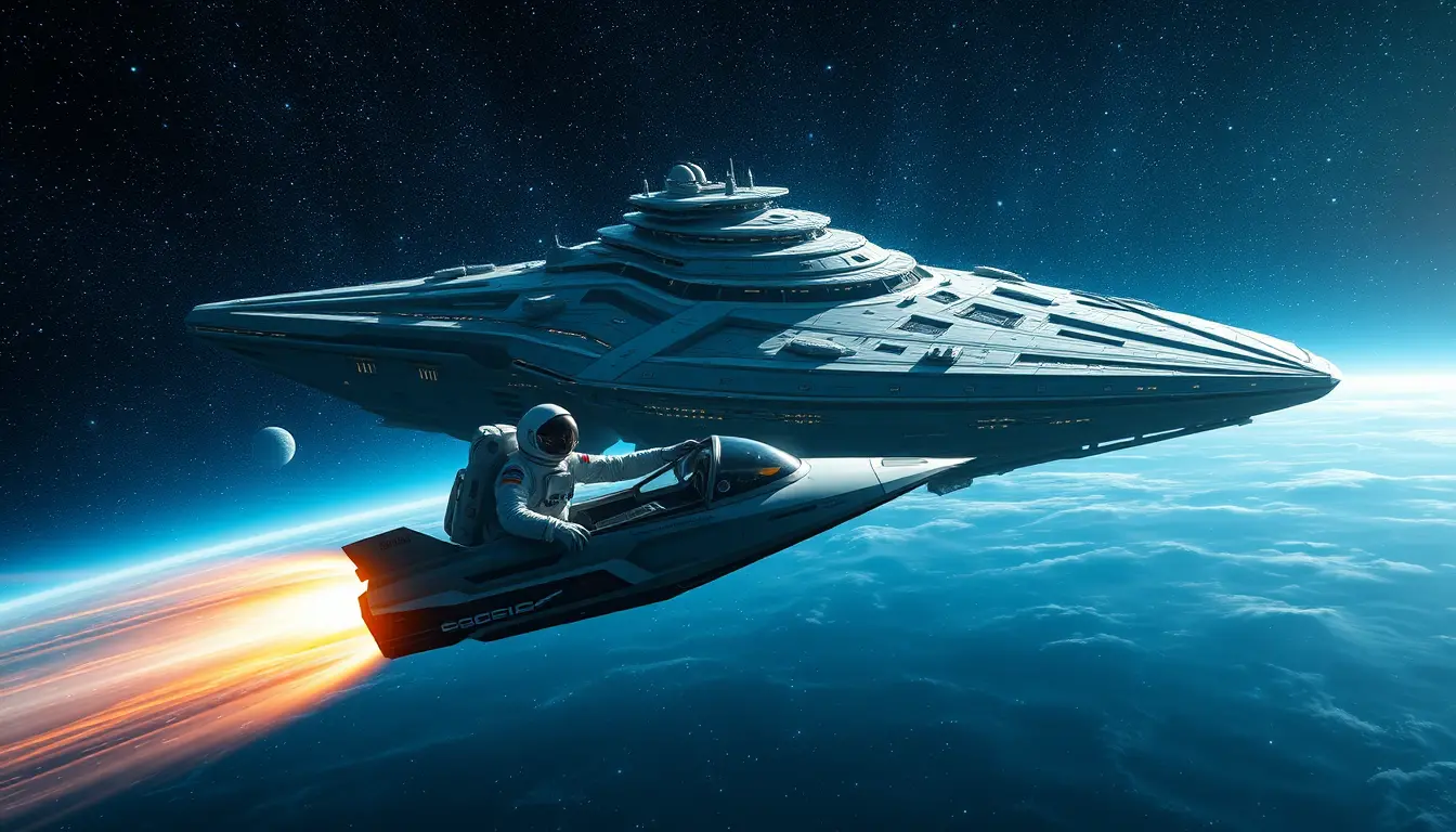 Astronaut Flying Solo Ship Toward Massive Space Mothership