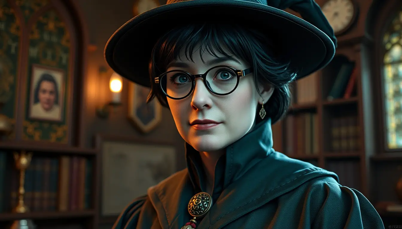 Stern witch teacher in emerald robes casting transformation magic