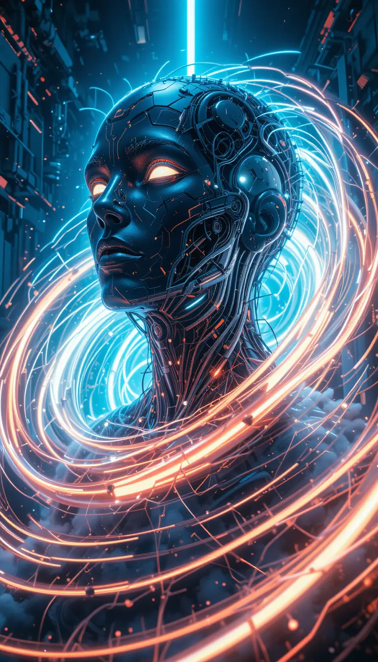Cybernetic head emerging from neon vortex in blue space