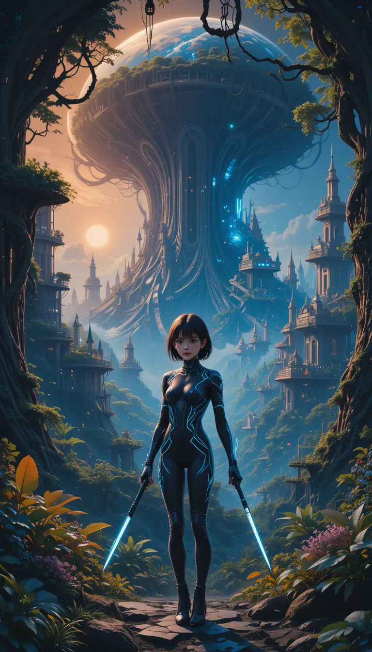 Sci fi woman in sleek suit on alien jungle world