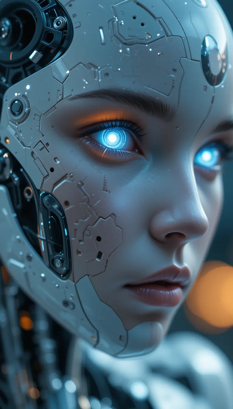 Close up view of futuristic android face with glowing lenses