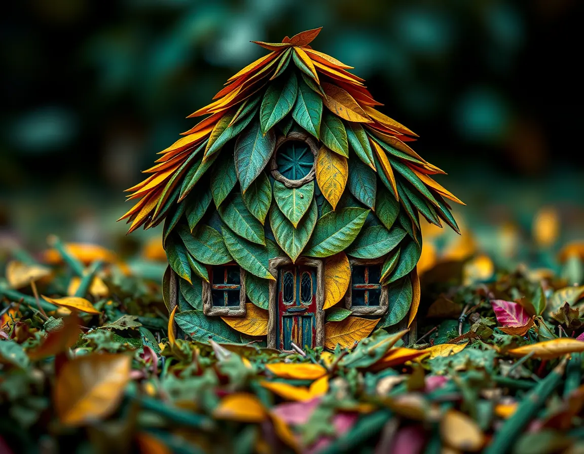 Macro digital pop art house shaped from leaves