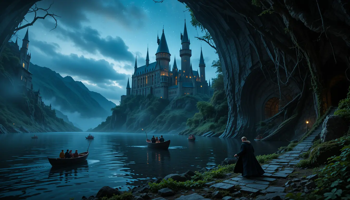 Boats Approach A Distant Castle Across A Dark Lake