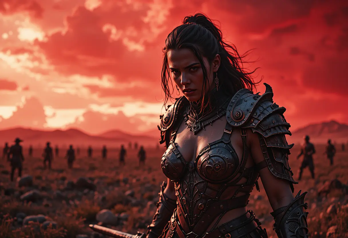 Fierce warrior princess on a desolate battlefield