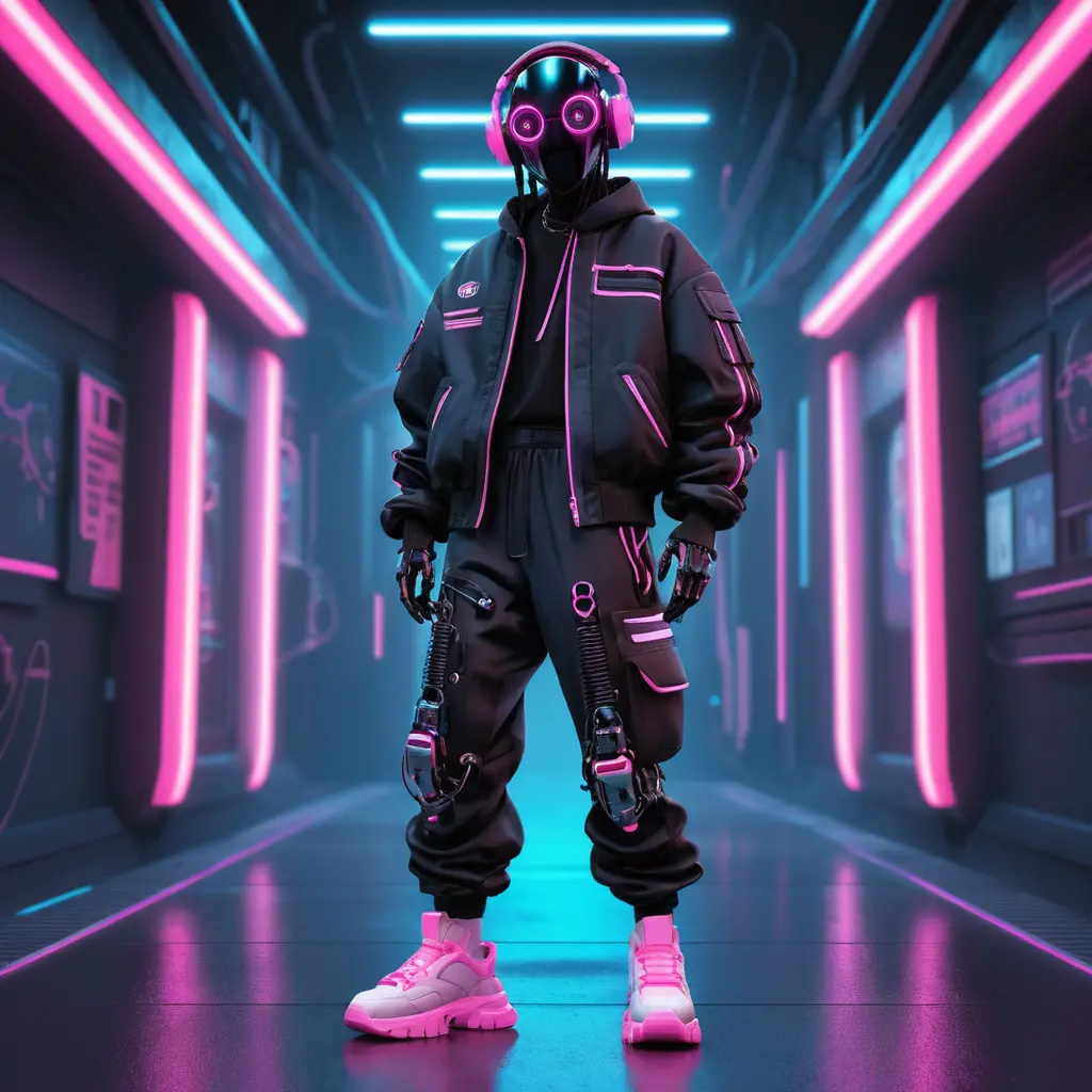 Futuristic humanoid robot in neon cyberpunk streetwear