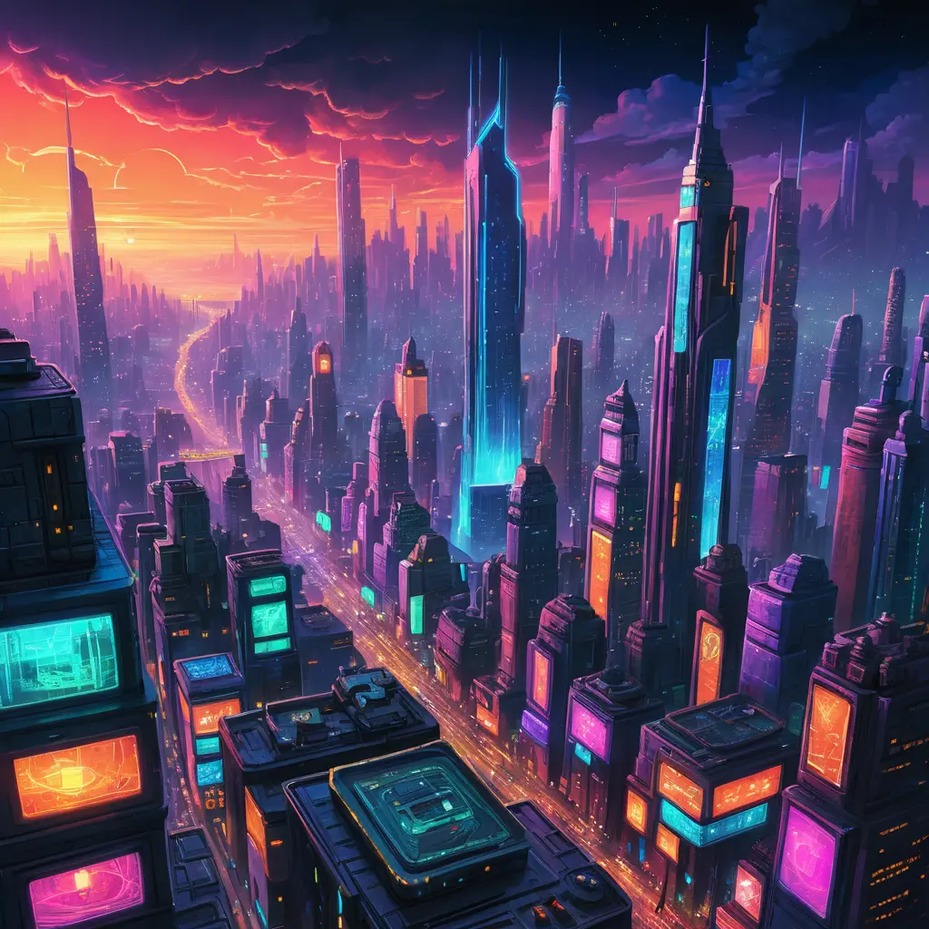 Futuristic neon cityscape in a vivid digital platform background