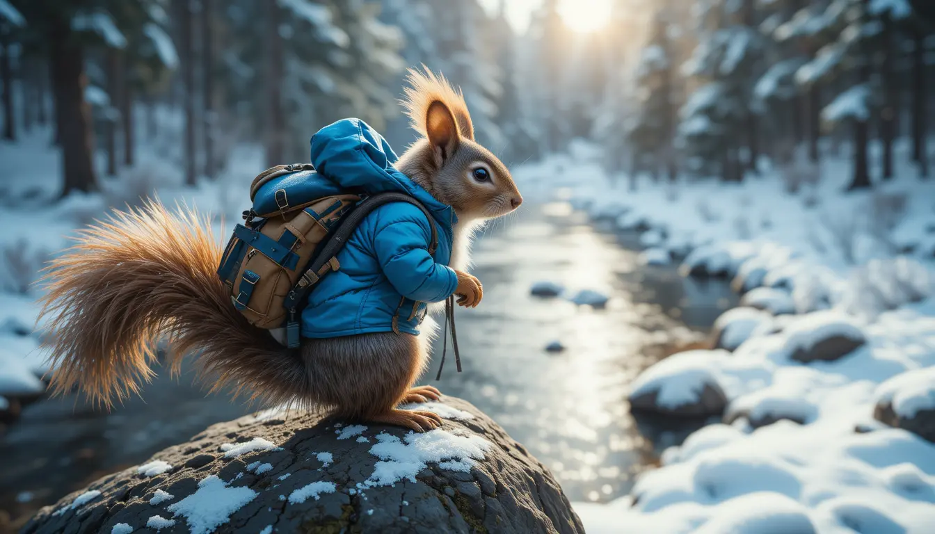 Anthropomorphic squirrel explorer in snowy forest river scene