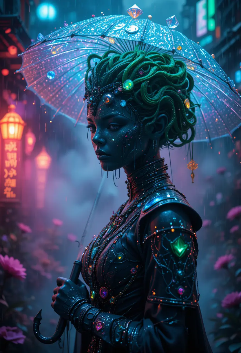 Bioluminescent hell queen deity in fantasy greenhouse