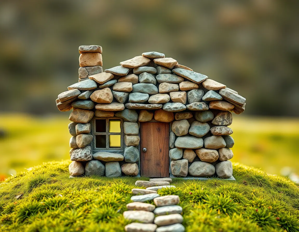 Macro digital art of a geometric stone house illustration