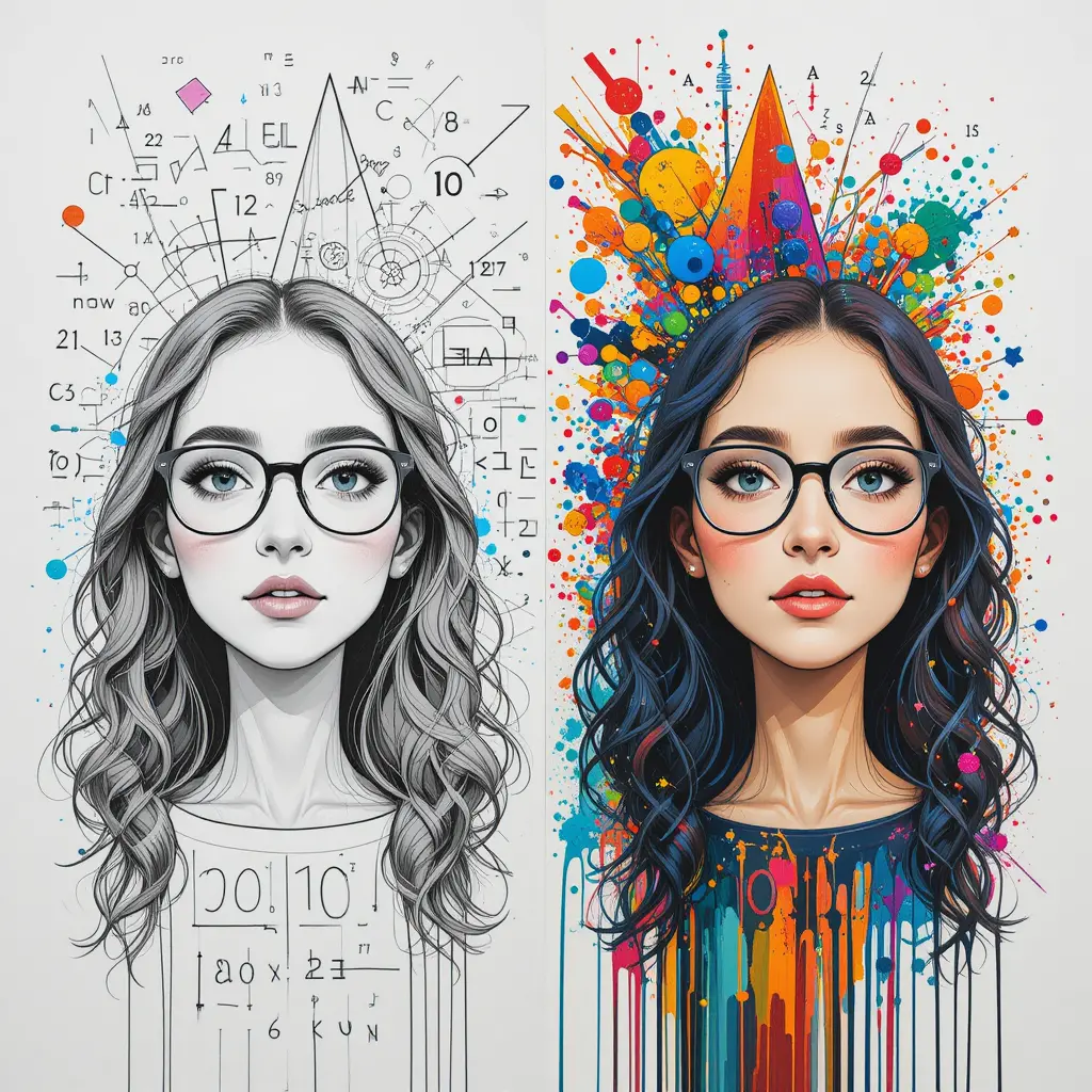 Woman split between math drawing and colorful painting