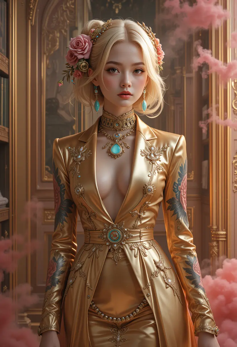 Elegant woman in a golden suit posing indoors