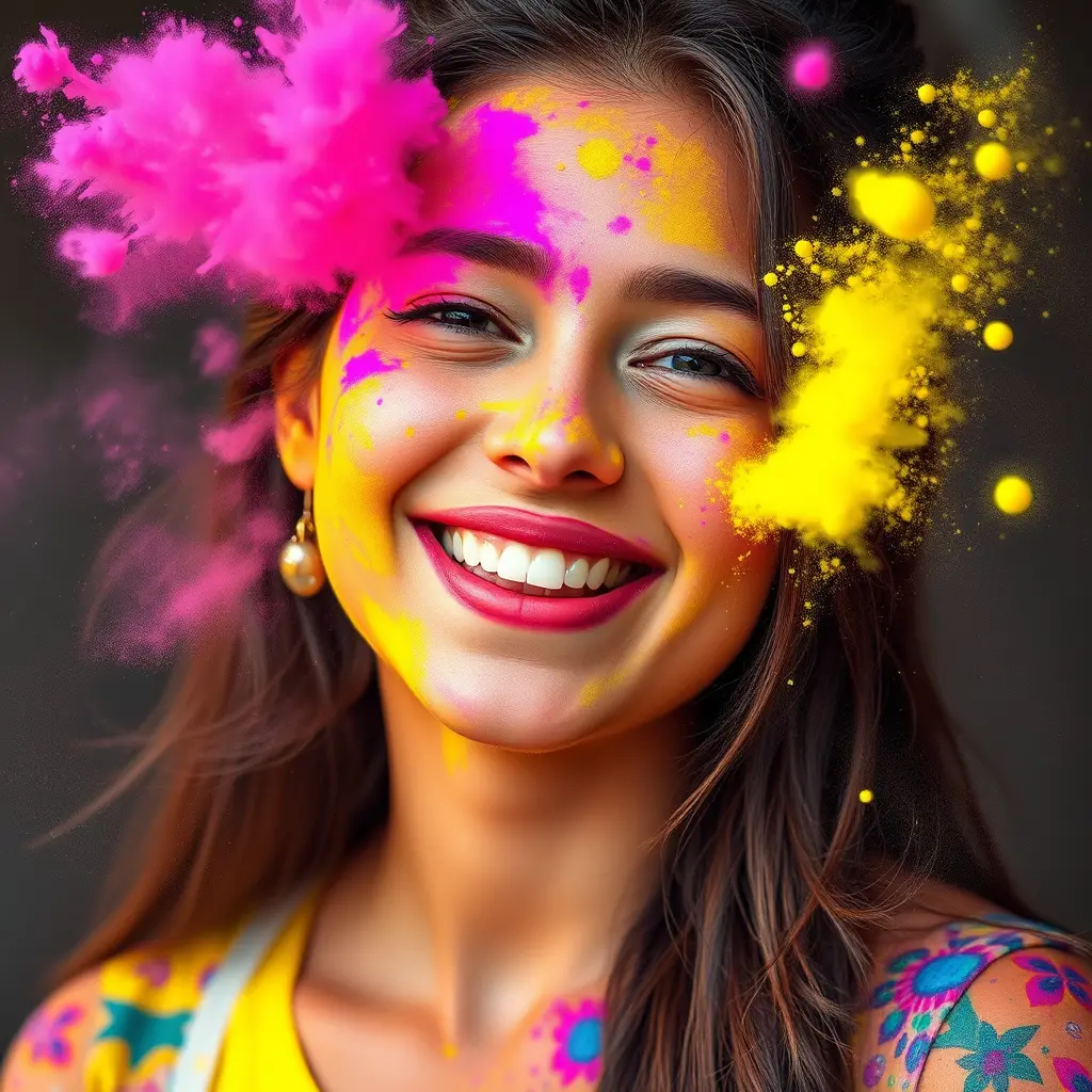 Joyful young woman in colorful holi powder close up