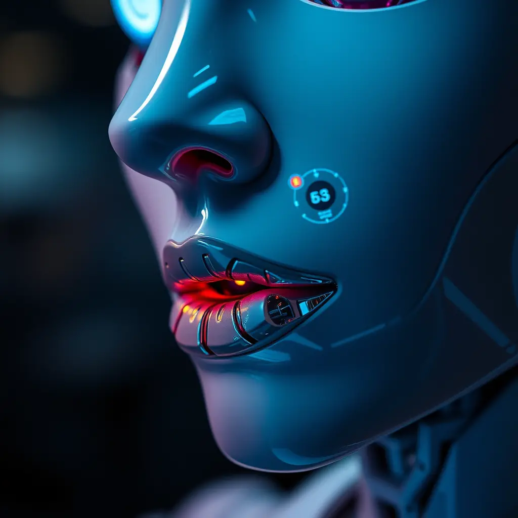 Nahaufnahme eines Androidengesichts mit leuchtenden holografischen Augenlinsen