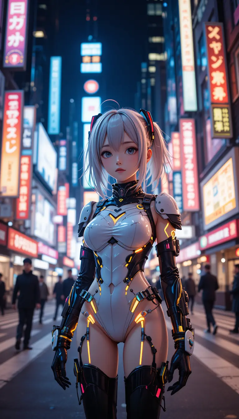 Anime woman in neon futuristic outfit on city street
