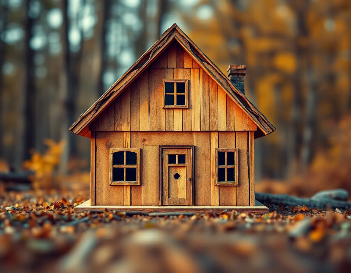 Macro digital illustration of a wooden house in abstract style