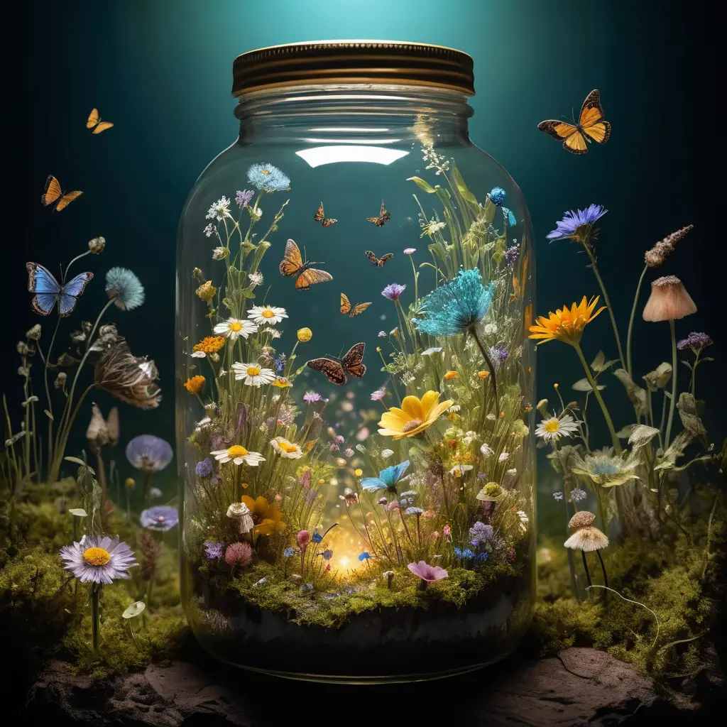 Sunlit meadow in a glass jar with underground crystals