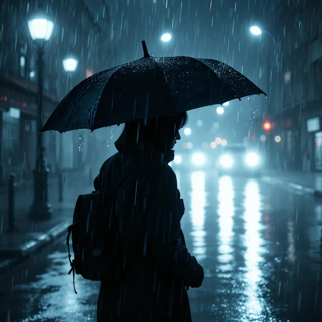 Person walking with umbrella in heavy night rain