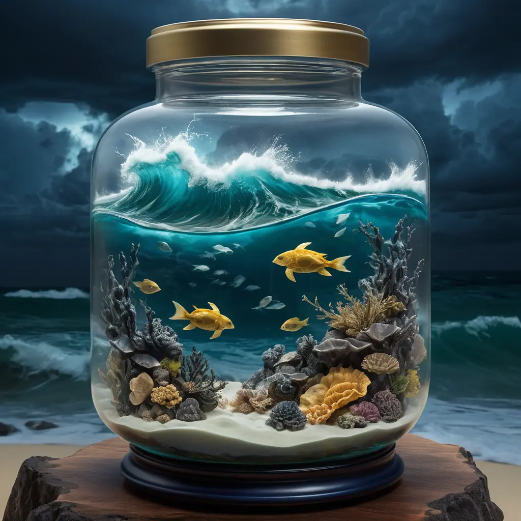 Glowing glass jar with stormy ocean and calm underwater world