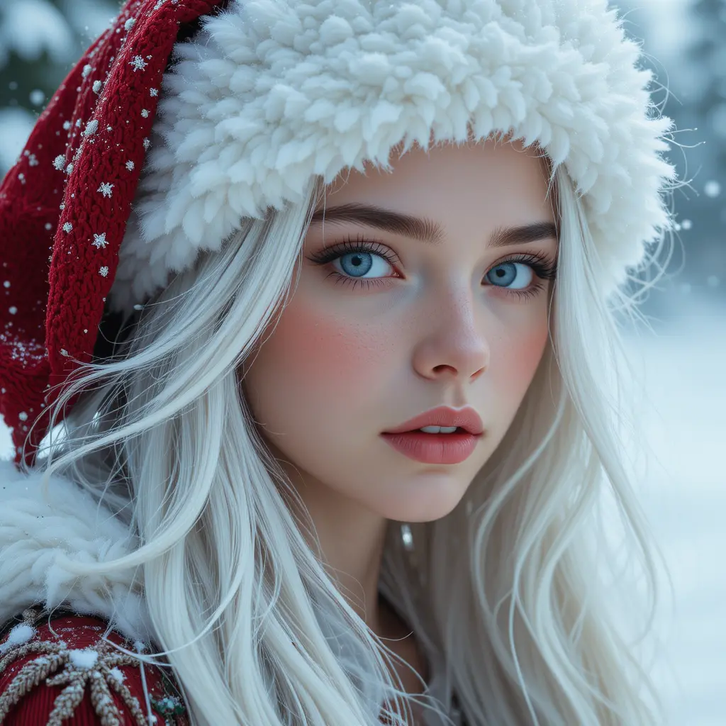 Young white haired woman walking alone in the snow