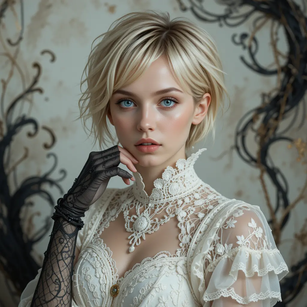 Young woman in white lace dress with mysterious gaze