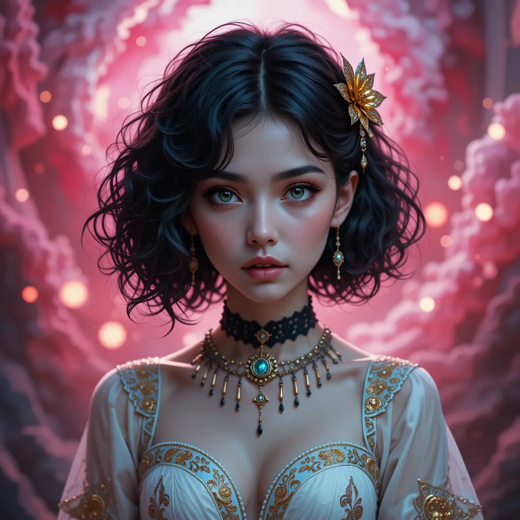 Melancholic girl in white dress with glowing pink background