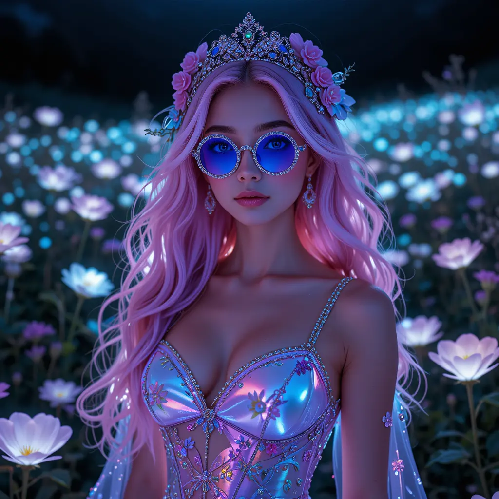 Fantasy girl with pastel hair in glowing flower field