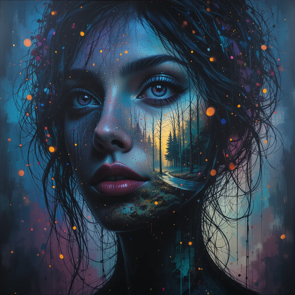 Abstract portrait of a woman with night forest within