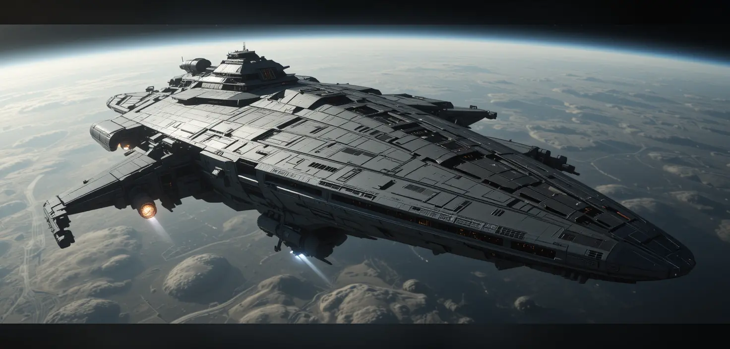 Massive combat spaceship hovering in alien planetary orbit