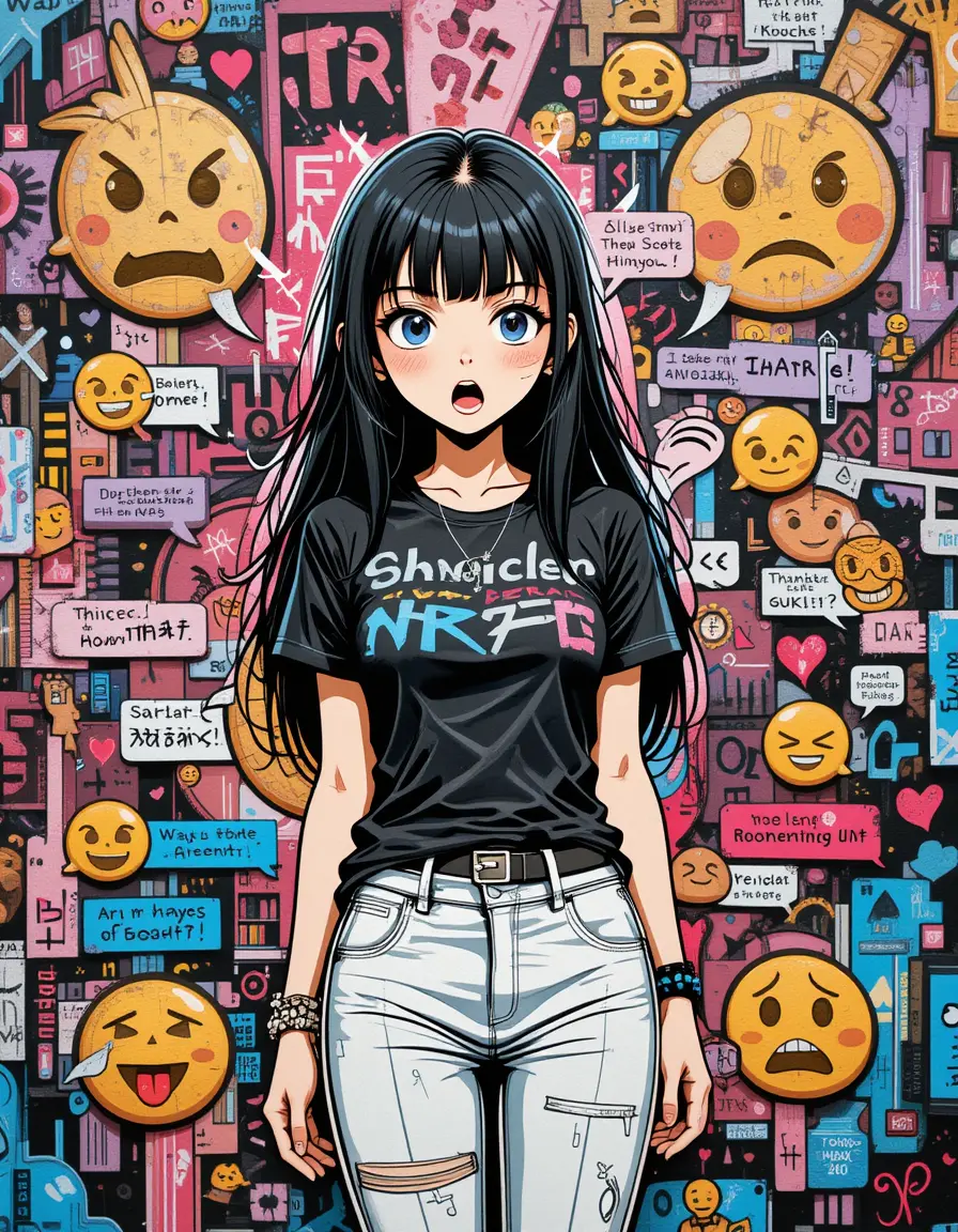 Graffiti inspired anime girl with emojis and chat boxes