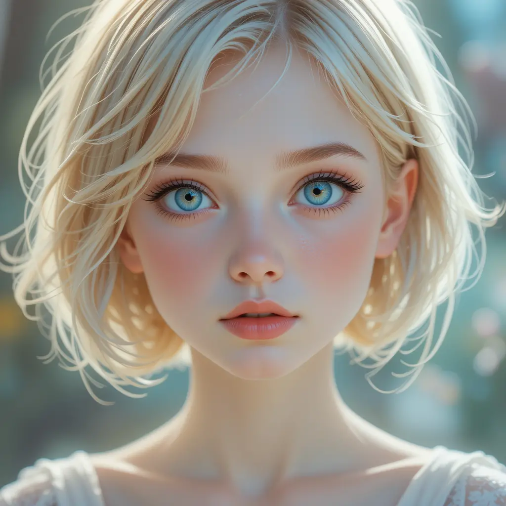 Pastel digital portrait of a serene blonde blue eyed girl