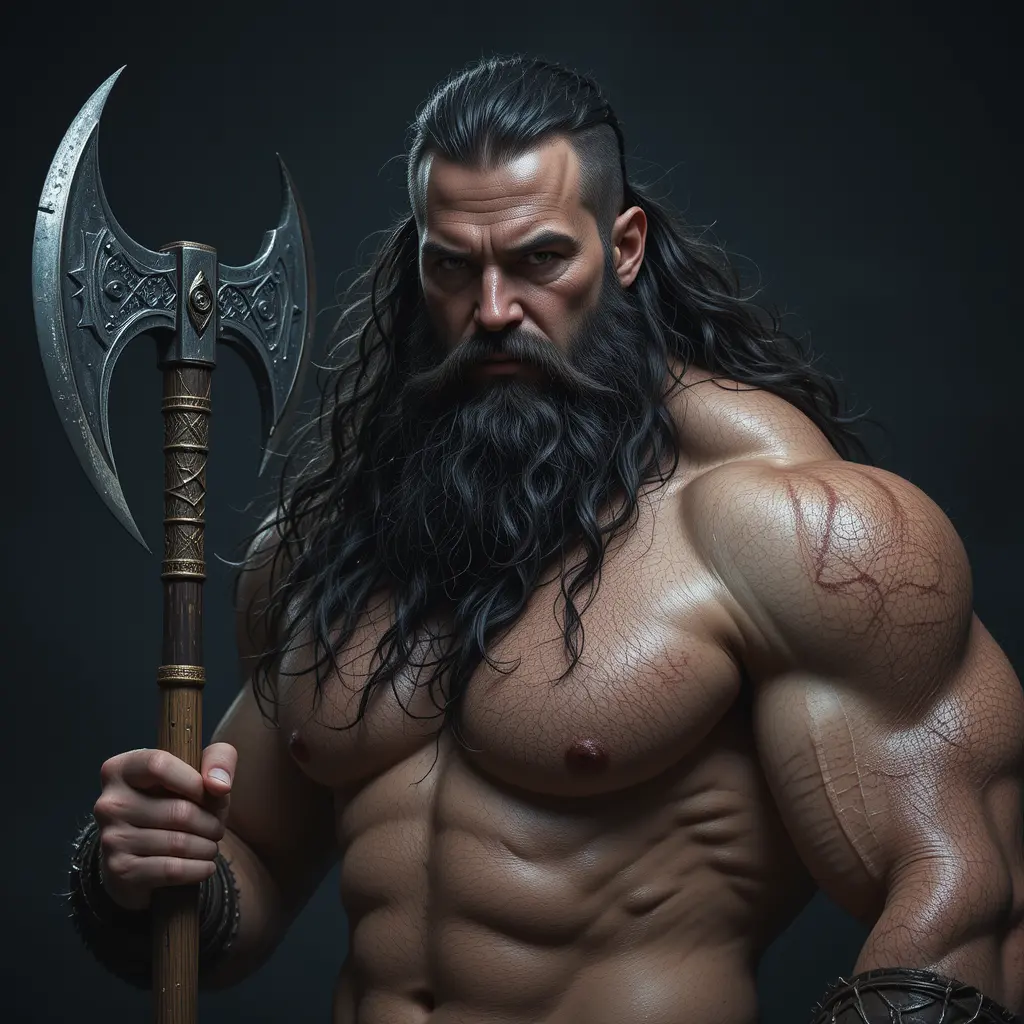 Muscular Viking Warrior With Axe And War Horn