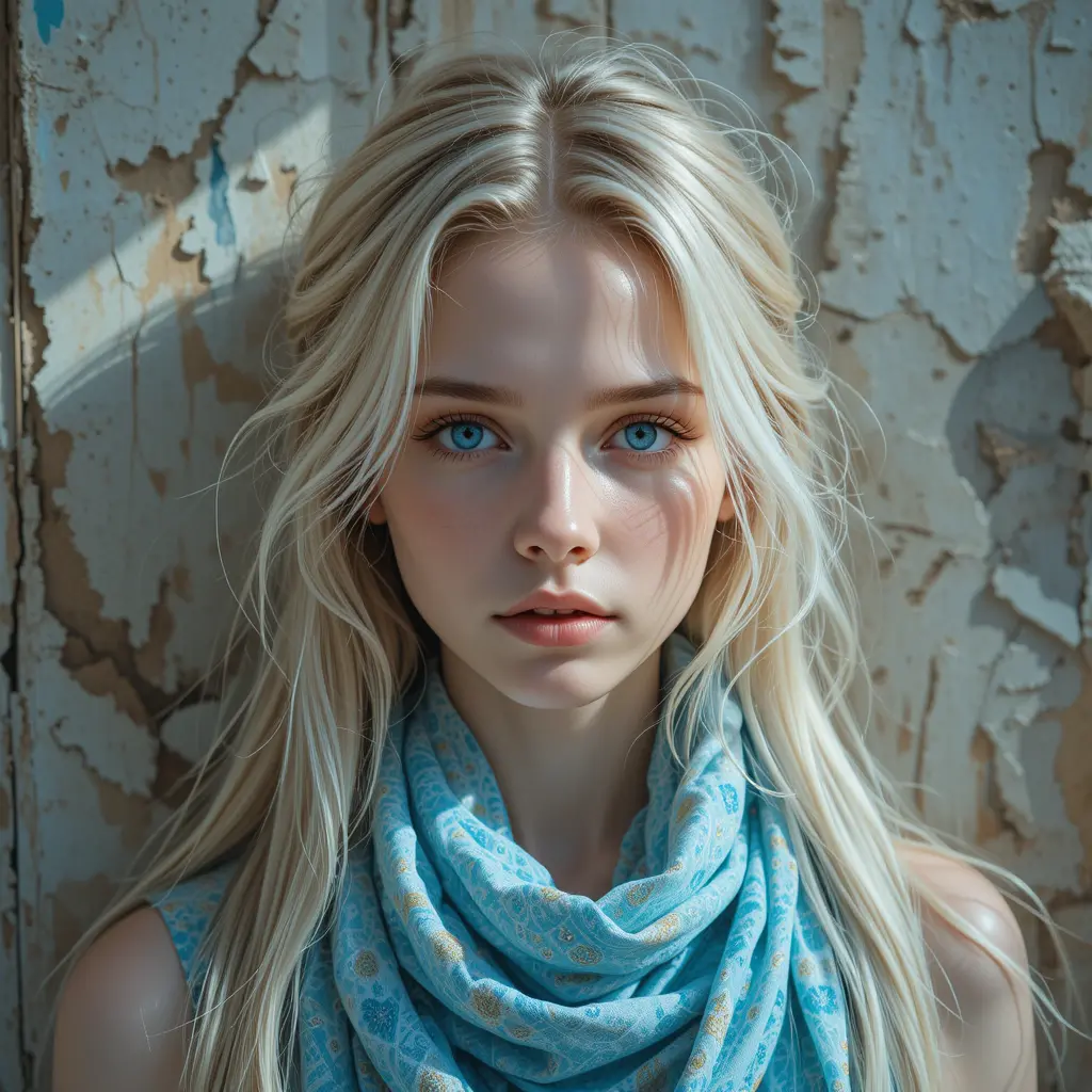 Young woman in blue scarf against textured wall