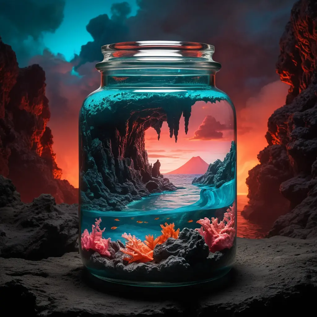 充滿火山與海底世界的發光玻璃罐