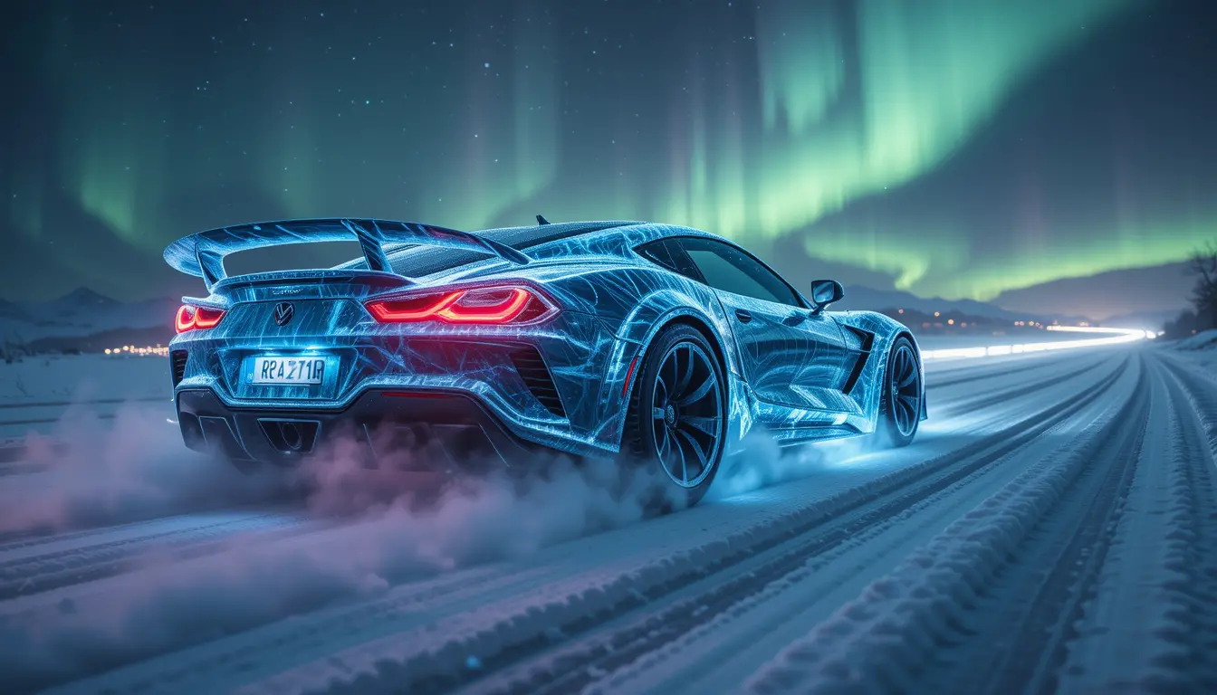 Frozen sports car racing across an icy aurora road